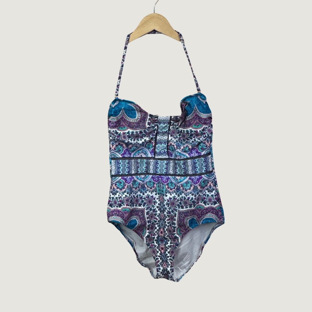 Nanette Lepore One Piece Swimsuit Size Large Blue Purple Paisley Halter Neck
